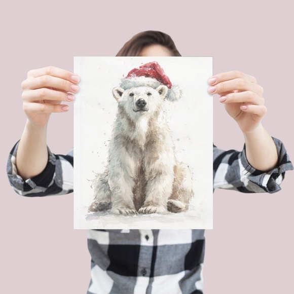 Watercolor Polar Bear with Red Scarf Portrait Wall Art Print Poster, Unframed - Picture 4 of 5